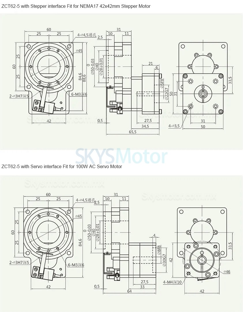 ZCT62-5/ZCT62-10 Actuador electrico rotativo hueco relación 5:1 10:1 para servomotor de CA de 42 mm y 100 W/motor paso a paso